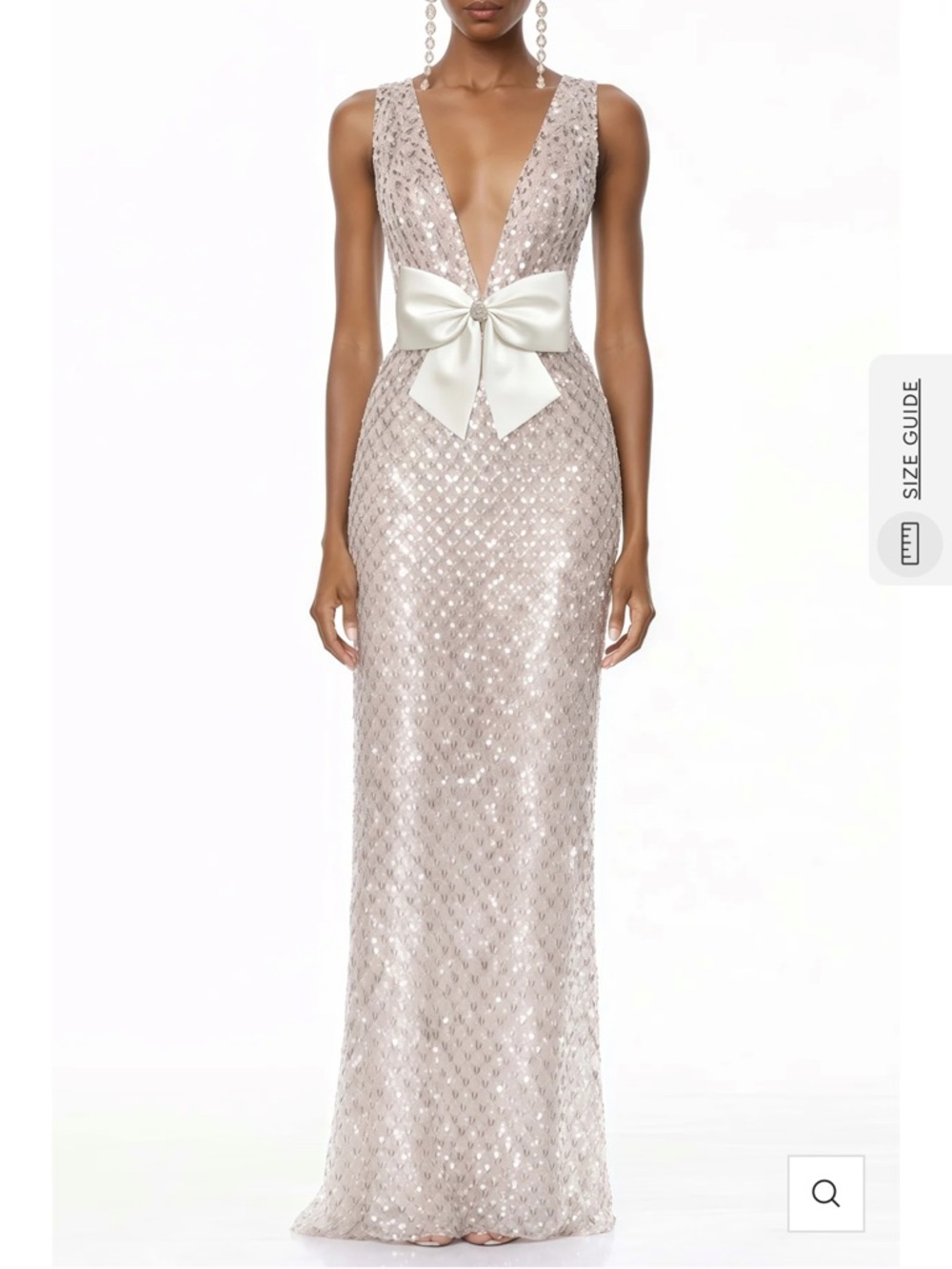 Plunging V-Neck Sequin Maxi Dress with Satin Bow - Blush Pink